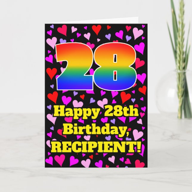 Tarjeta 28º cumpleaños: Patrón de corazones amorosos, arco (Anverso)