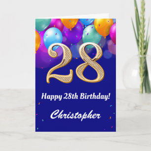 Tarjeta 28.º Balón azul y dorado de la marina de cumpleaño