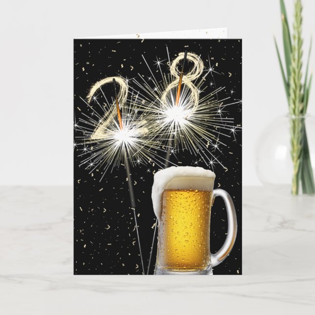 Tarjeta 28.º Cumpleaños Espumosos Con Mug De Cerveza (Anverso)