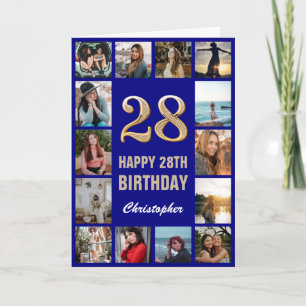 Tarjeta 28.º feliz cumpleaños Collage de fotos azul y oro 