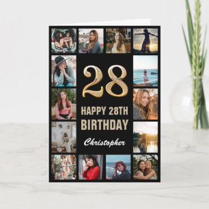 Tarjeta 28.º feliz cumpleaños Collage de fotos negro y oro