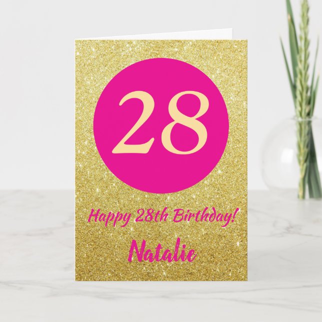 Tarjeta 28.º feliz cumpleaños Purpurina de oro y rosado ca (Anverso)