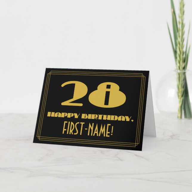 Tarjeta 28 Aniversario: Nombre + Art Deco Inspirado Aspect (Anverso)
