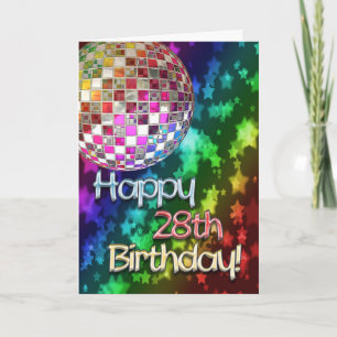 Tarjeta 28 cumpleaños con bola de disco y arco iris de est
