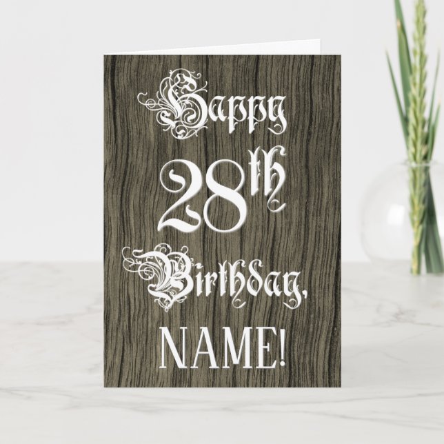 Tarjeta 28th Birthday: Fancy, Elegant Text; Faux Wood Look (Anverso)