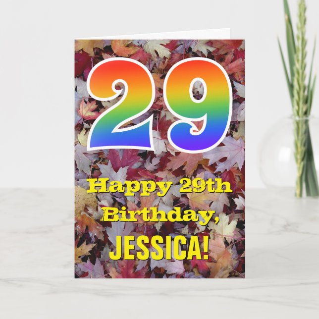 Tarjeta 29º cumpleaños; hojas de otoño rústicas; arco iris (Anverso)
