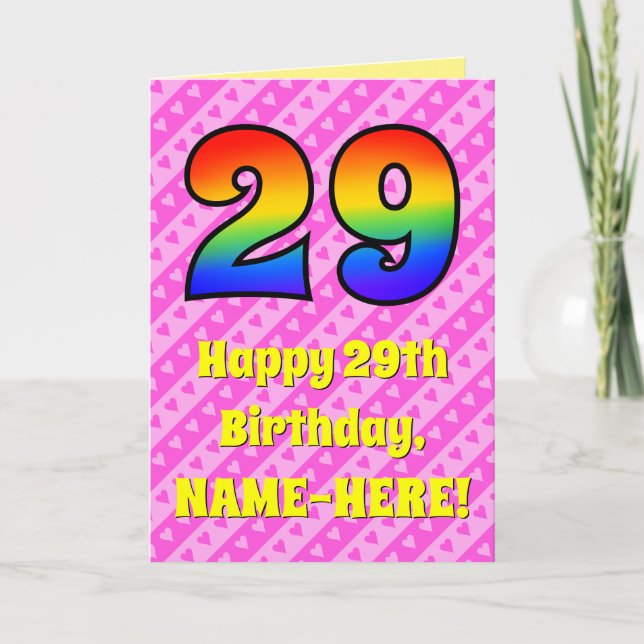 Tarjeta 29º cumpleaños: Rayas y corazones rosados, arcoiri (Anverso)
