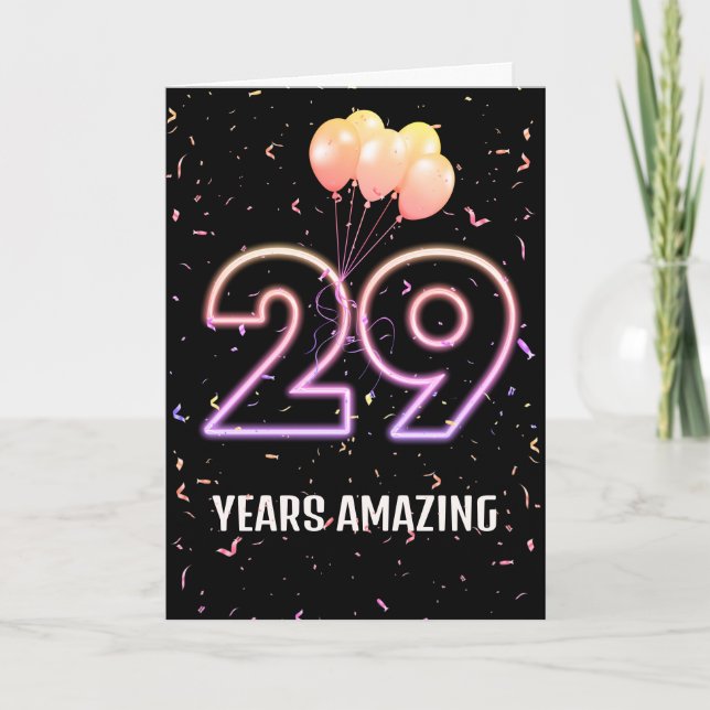 Tarjeta 29.º Balón de cumpleaños y Confetti (Anverso)