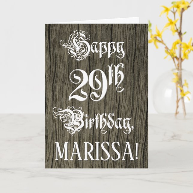 Tarjeta 29th Birthday: Fancy, Elegant Text; Faux Wood Look (flor amarilla)