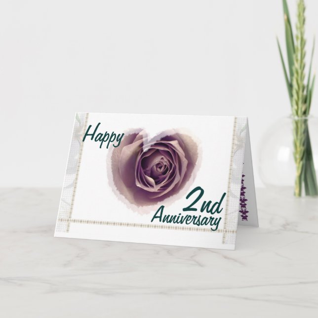 Tarjeta 2.º aniversario Boda - Corazón Rosa morado (Anverso)