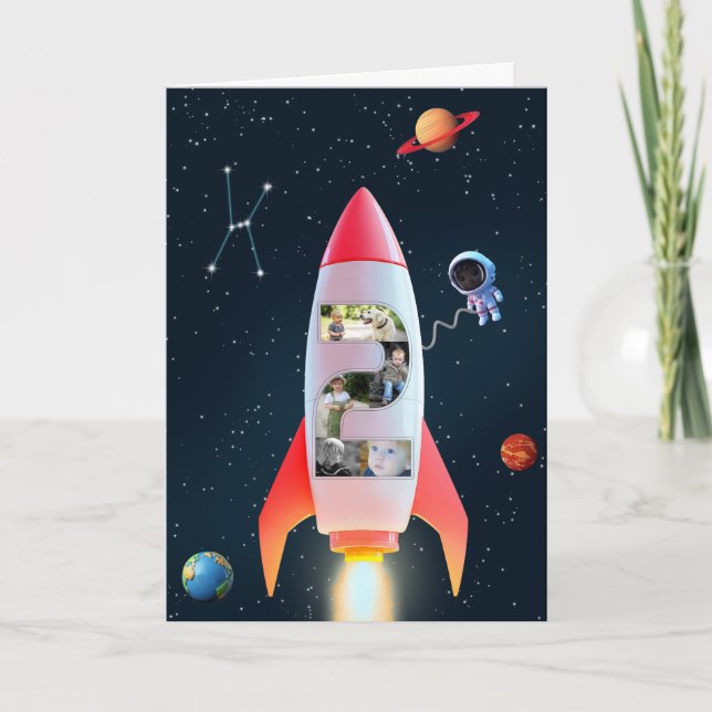 Tarjeta 2.º cohete espacial de cumpleaños | Enorme Collage (Anverso)