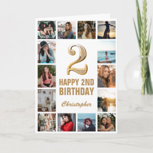 Tarjeta 2.º Collage de fotos blanco y oro feliz cumpleaños