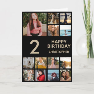 Tarjeta 2.º Collage de fotos de cumpleaños 13 fotos negro 