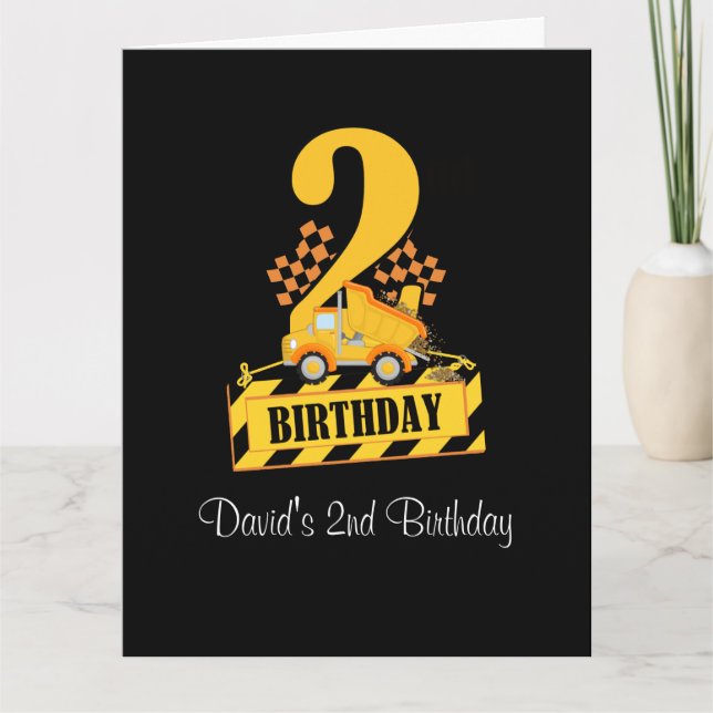Tarjeta 2.º cumpleaños Camión de construcción negro y amar (Anverso)