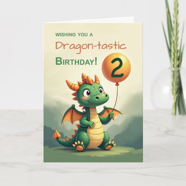 Tarjeta 2.º cumpleaños Dragón Cute con globo mágico (Anverso)