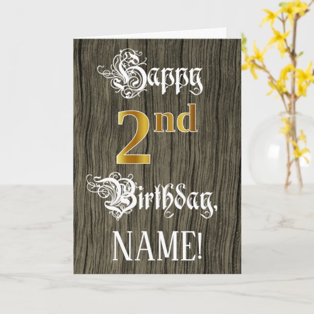 Tarjeta 2.º Cumpleaños: Faux Gold Look + Faux Wood Pattern (flor amarilla)