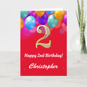 Tarjeta 2.º cumpleaños Globos de colores rojo y oro