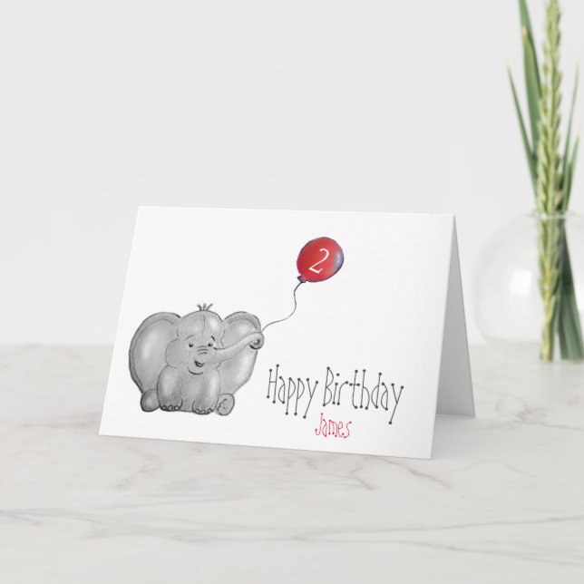 Tarjeta 2.º o cualquier elefante de cumpleaños con globo r (Anverso)