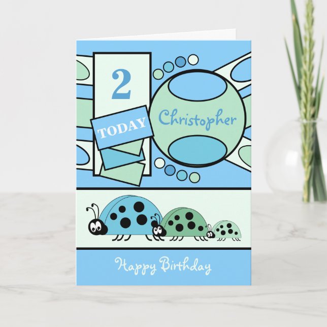 Tarjeta 2 años cualquier edad ladybirds verde azul (Anverso)