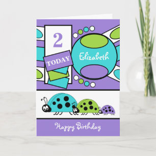 Tarjeta 2 años cualquier edad ladybirds verde púrpura