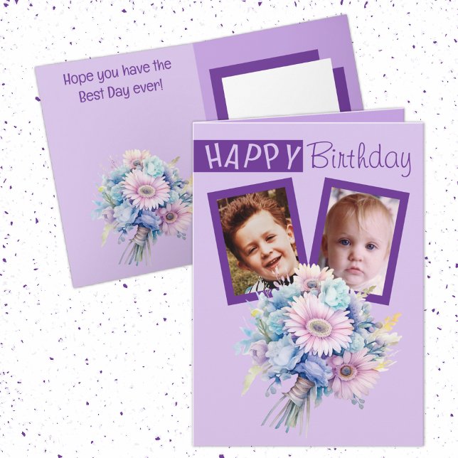 Tarjeta 2 foto de cumpleaños morado de gerbera (Subido por el creador)