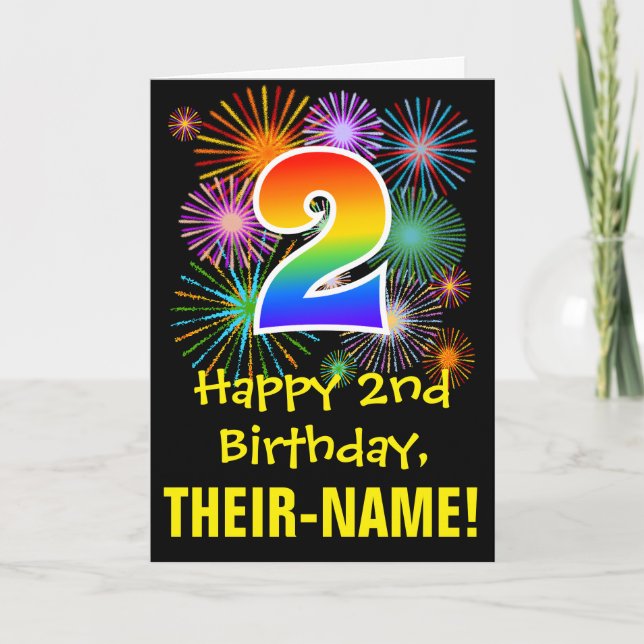 Tarjeta 2do Cumpleaños: Divertido Patrón de Fuegos Artific (Anverso)