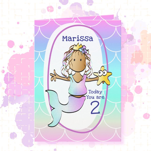 Tarjeta 2nd Birthday Ethnic Mermaid Cartoon Adorable Cute  (Subido por el creador)