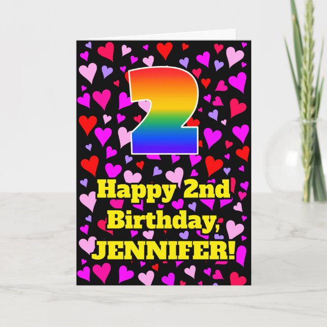 Tarjeta 2nd Birthday: Loving Hearts Pattern, Rainbow # 2 (Anverso)