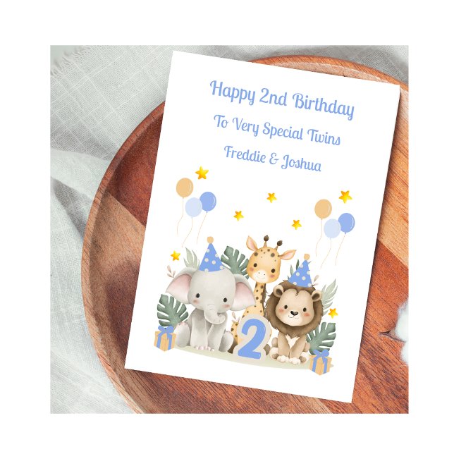 Tarjeta 2nd Birthday Safari Animals Twin Boys Card (Subido por el creador)