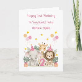 Tarjeta 2nd Birthday Safari Animals Twin Girls Card