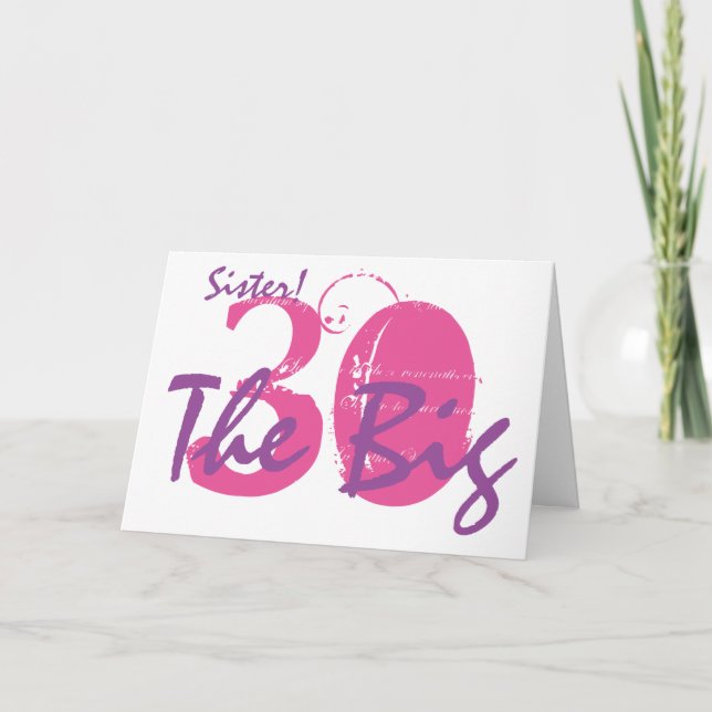 Tarjeta 30.ª hermana de cumpleaños, texto rosa, morado sob (Anverso)