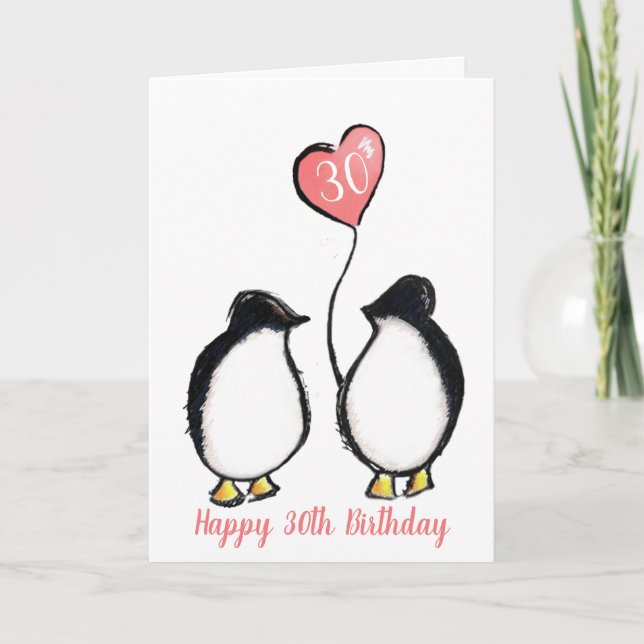 Tarjeta 30.º corazón de pingüino esposa/novia de cumpleaño (Anverso)