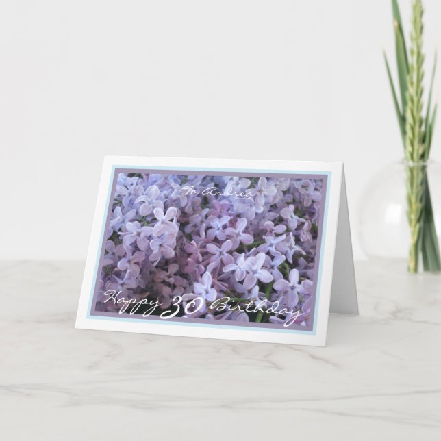 Tarjeta 30.º cumpleaños Andrea Purple Lilac marco elegante (Anverso)