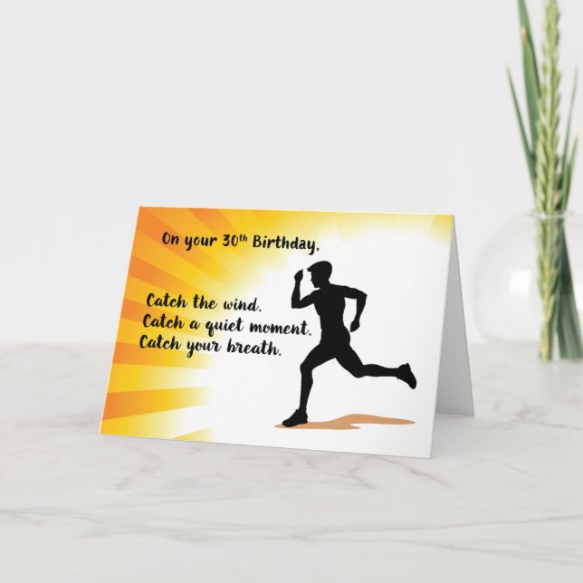 Tarjeta 30.º cumpleaños corriendo con fondo de Sunburst (Anverso)