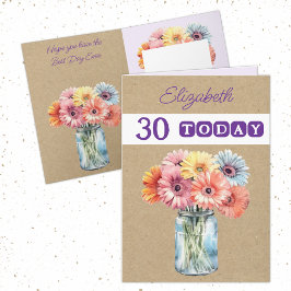 Tarjeta 30.º cumpleaños morado de cualquier edad gerberas