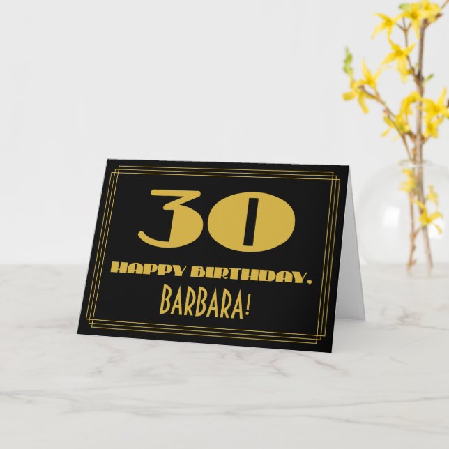 Tarjeta 30.º cumpleaños: Nombre + Art Deco Inspirado Aspec (flor amarilla)