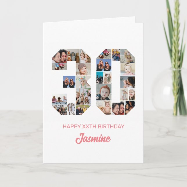 Tarjeta 30.º cumpleaños número 30 Collage de fotos persona (Anverso)