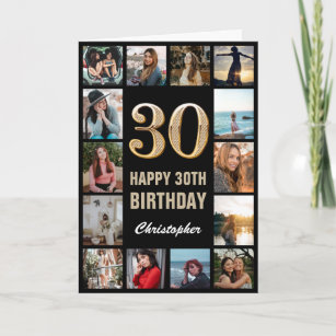 Tarjeta 30.º feliz cumpleaños Collage de fotos negro y oro