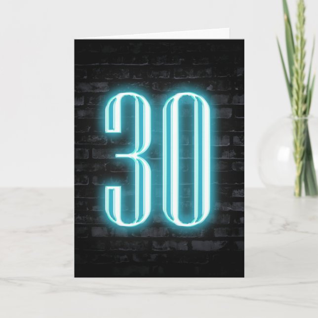Tarjeta 30.º Rótulo neón de cumpleaños en ladrillo (Anverso)