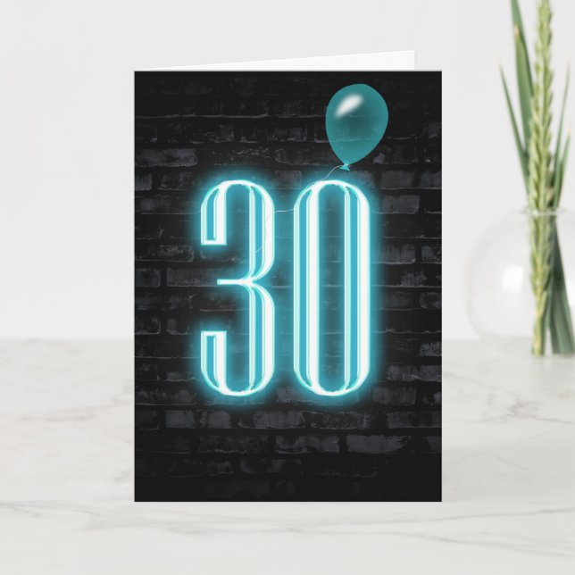 Tarjeta 30.º Rótulo neón de cumpleaños en ladrillo (Anverso)