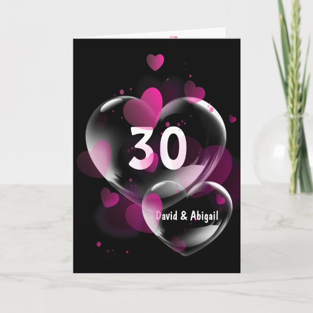 Tarjeta 30° aniversario burbujas de corazón rosado en negr (Anverso)
