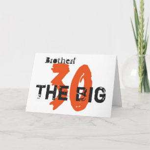Tarjeta 30 cumpleaños, hermano, naranja, negro sobre blanc