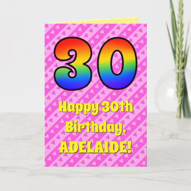 Tarjeta 30° cumpleaños: Rayas y corazones rosados, arcoiri (Anverso)