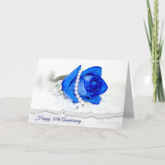 Tarjeta 30th Anniversary Blue Rose and Pearls (Anverso)