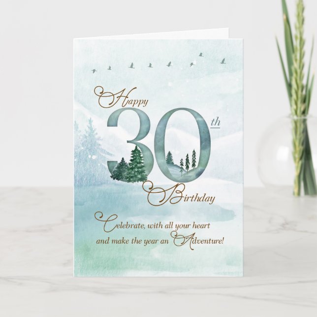 Tarjeta 30th Birthday Evergreen Pines and Deer Nature (Anverso)