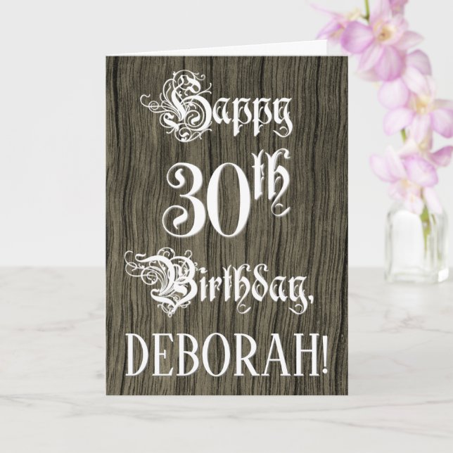 Tarjeta 30th Birthday: Fancy, Elegant Text; Faux Wood Look (Orquídea)