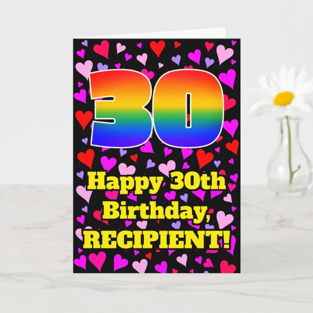 Tarjeta 30th Birthday: Loving Hearts Pattern, Rainbow # 30 (Planta pequeña)