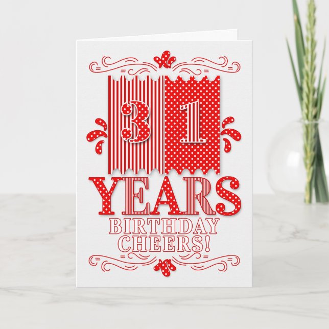 Tarjeta 31 cumpleaños puntos y franjas de polka rojo y bla (Anverso)