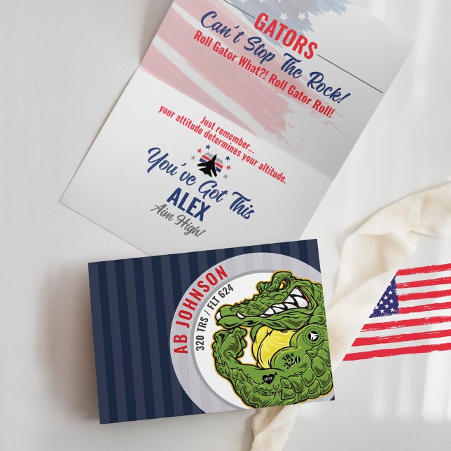 Tarjeta 320 Gators Fuerza Aérea BMT Entrenamiento Militar  (320 Gators Mascot Card, Airman, can't stop the rock, F-16 Jet plane, Mom Heart Tattoo, Air Force BMT)