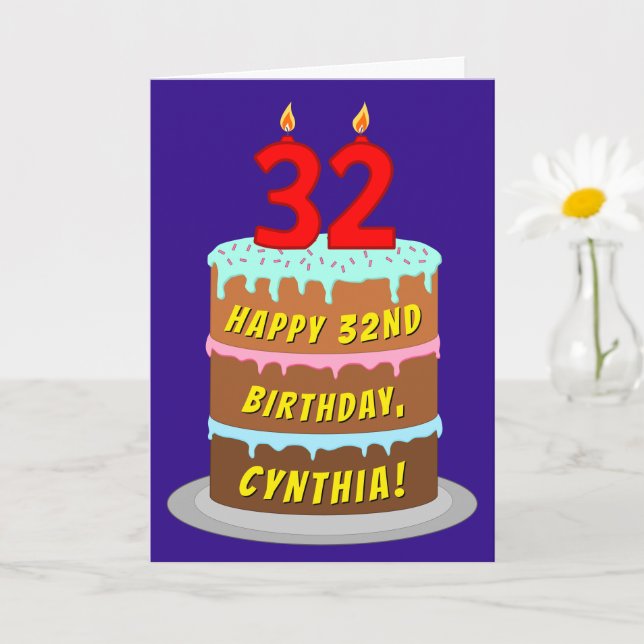 Tarjeta 32.º cumpleaños: Torta divertida y velas + nombre  (Planta pequeña)